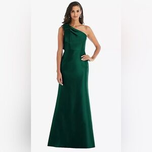 Hunter Green Bow One-Shoulder Satin Trumpet Gown by Alfred Sung